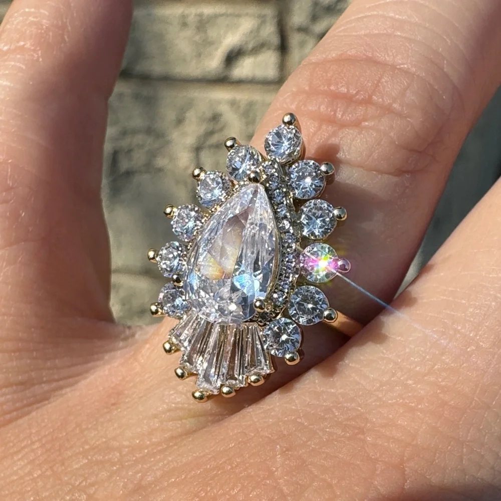 Gold Plated Teardrop Halo Ring baguettes & CZ Size 8 Wedding Engagement